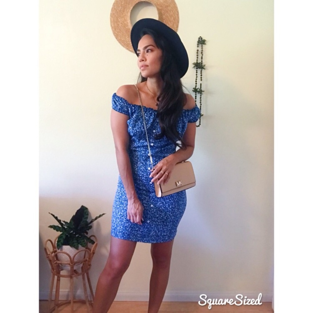 Off shoulder smocked back bodycon dress